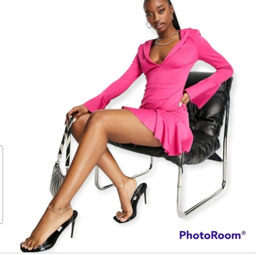 ASOS Barbiecore Hot Pink Tuxedo Mini Dress Flippy Hem Cocktail Sz 4